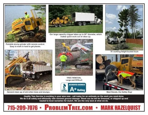 Quality Tree Service print ad showing a portable stump grinder, wood chipper, bucket truck and skid steer