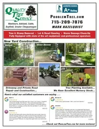 Quality Tree Service print ad with before-and-after yard construction photos and customer reviews